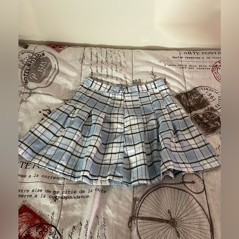 Light Blue & White Plaid Pleated Skirt